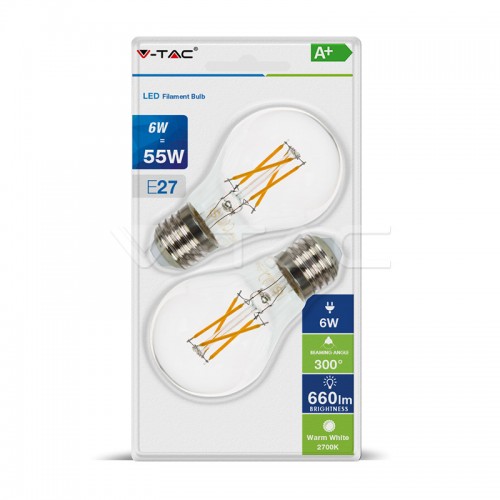 LED Крушка - 6W Filament E27 A60 Топло Бяла Светлина 2Бр/Сет